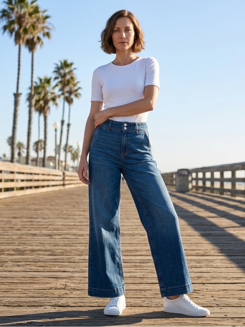 NWT BCBG GENERATION 2 Button Trouser Wide-Leg Jeans Medium Blue Denim Sz 7/28